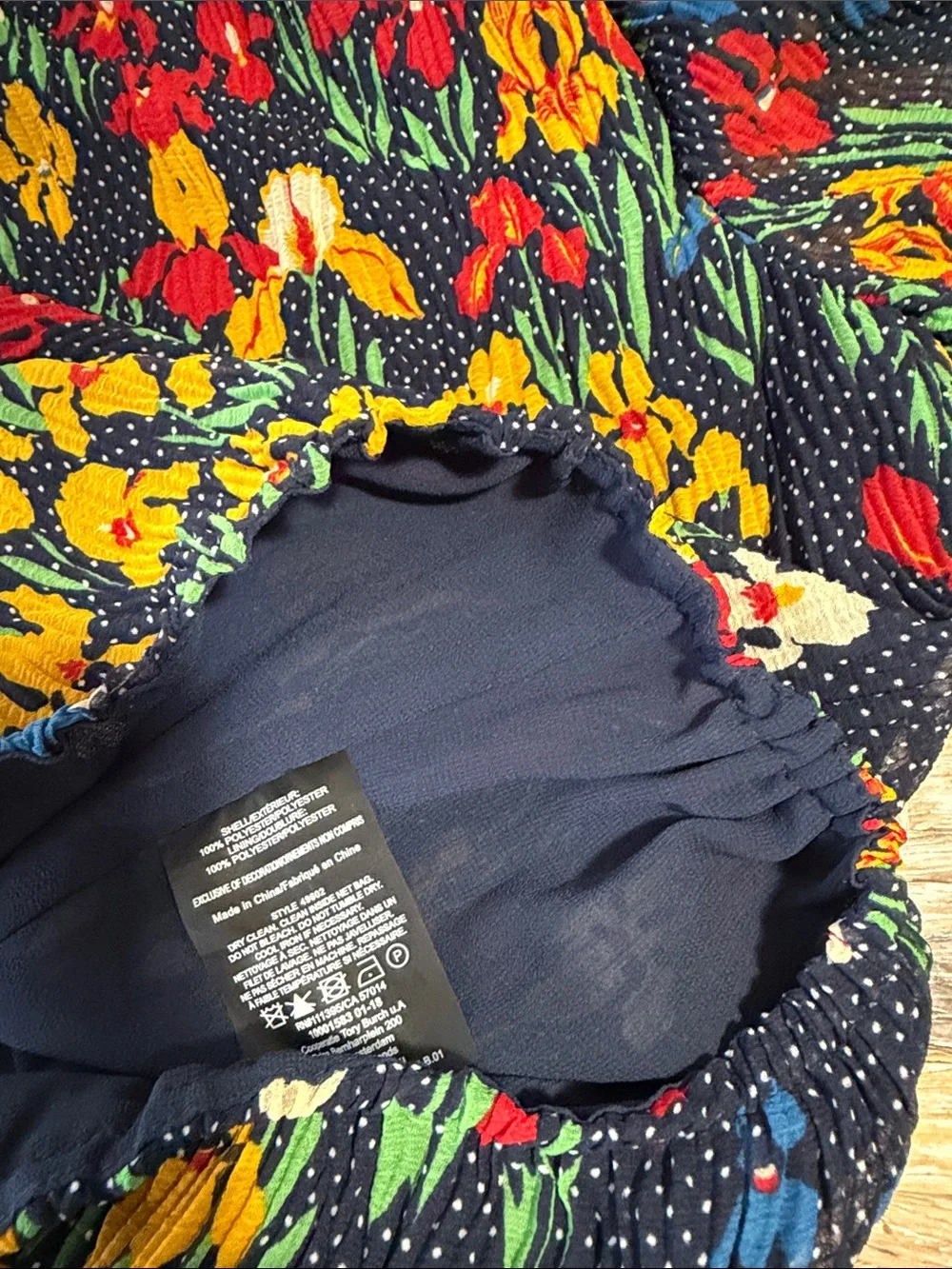 Tory Burch Navy Floral Tie-Neck Peasant Blouse with Tassels
